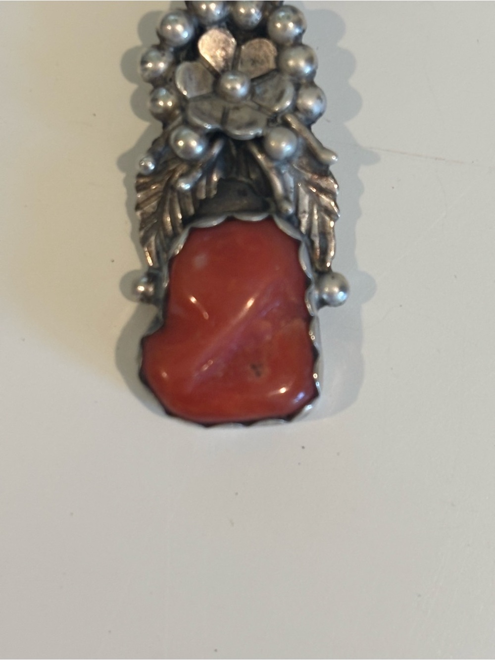 Vintage Navajo LEE SHORTY Signed Sterling Silver Red Coral Floral Pendant
